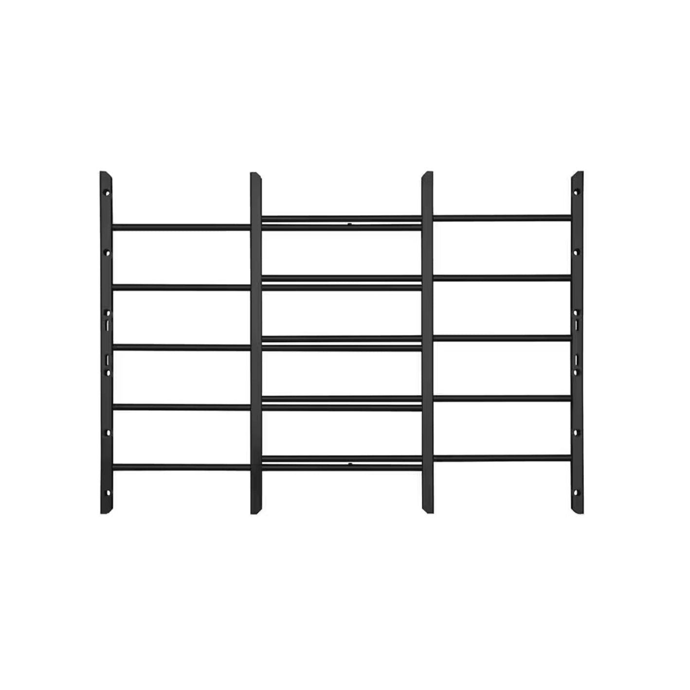 The Go Build 22-38 in. x 25 in. 5 Bar Child Safety Window Guard, made of black metal with bolt holes for easy mounting, offers a reliable and adjustable childproofing solution with vertical and horizontal bars, ensuring safety and visibility while maintaining a sleek design.